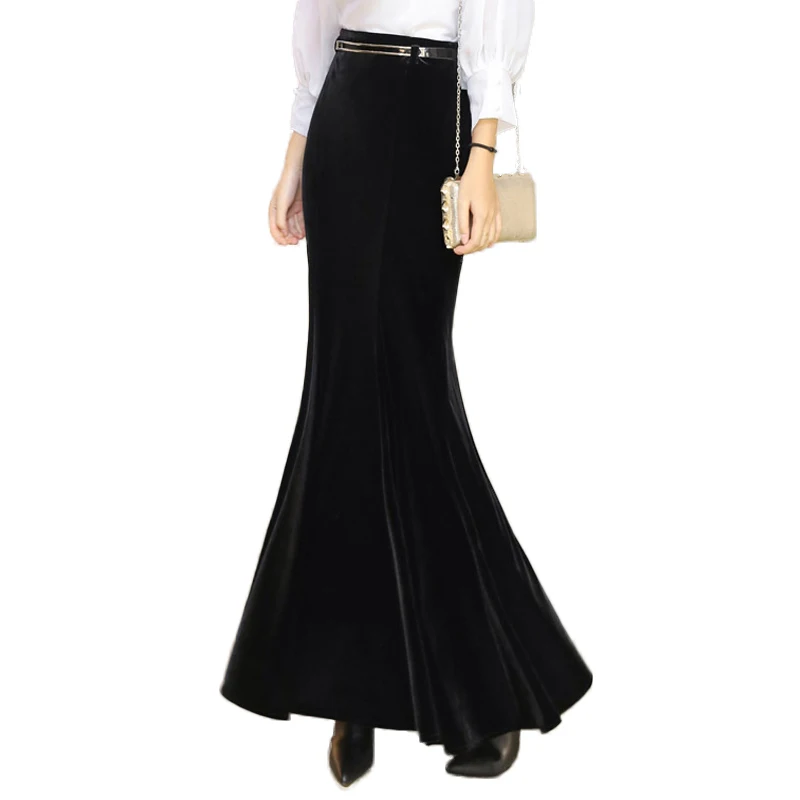 

Spring Autumn Vintage Velvet Black Maxi Long Mermaid Skirt 2018 Fashion Women Elegant Velour Skirts With Belt XS- XXXL