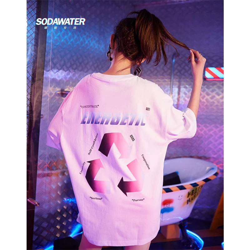 

SODAWATER Girl Letter Print Tee Women's Tee Shirts O-neck T Shirt Cotton Fashion High Street Streetwear Loose Couple Tees 9199S