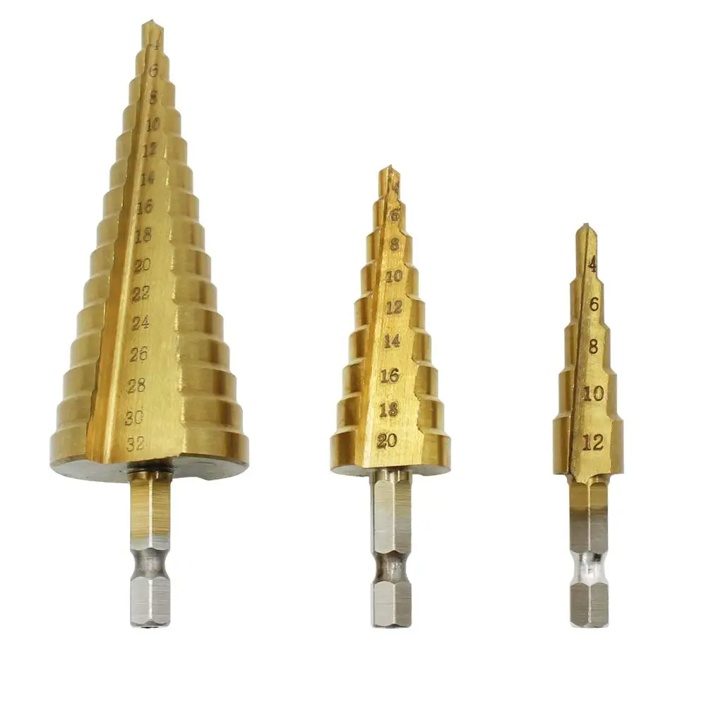PEGASI 3pc Hss Step Cone Taper Drill Bit Set Metal Plastic Hole Cutter Metric 4-12/20/32mm Titanium