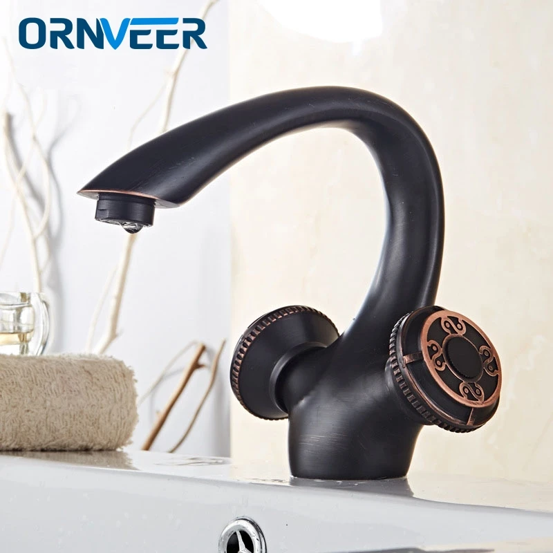 

Deck Mount Two Handles Basin Faucet Black Bathroom Sink Mixer Tap hot and cold water