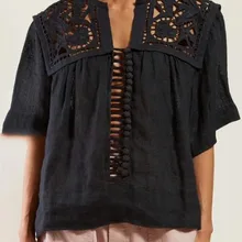 Женская Черная льняная блузка с вышивкой на пуговицах с короткими рукавами