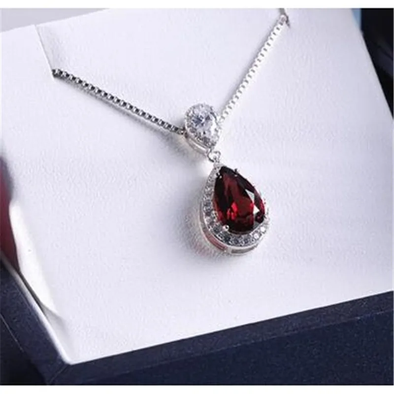 S925 Sterling Pendant Water Drop Created Topaz Blue & Ruby Pendant Bride Wedding Engagement Party Fine Jewelry Necklace No Chain