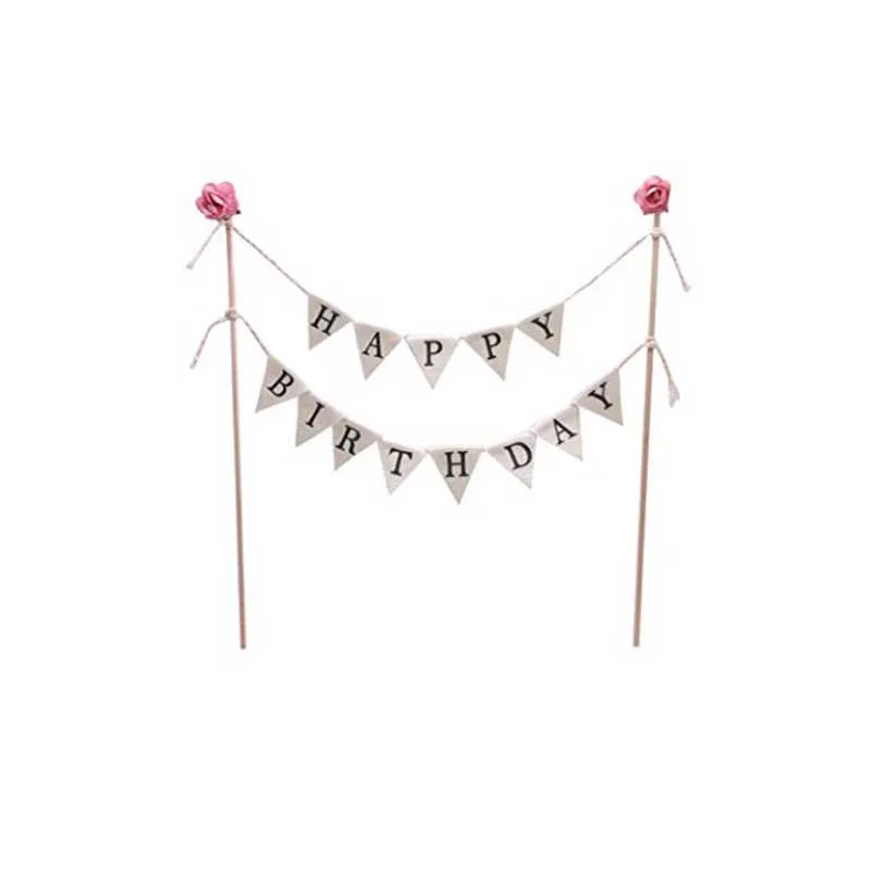 

Happy Birthday Cake Topper Banner Handmade Ivory Pennant Flag Banner Cake Topper with Wooden Polls