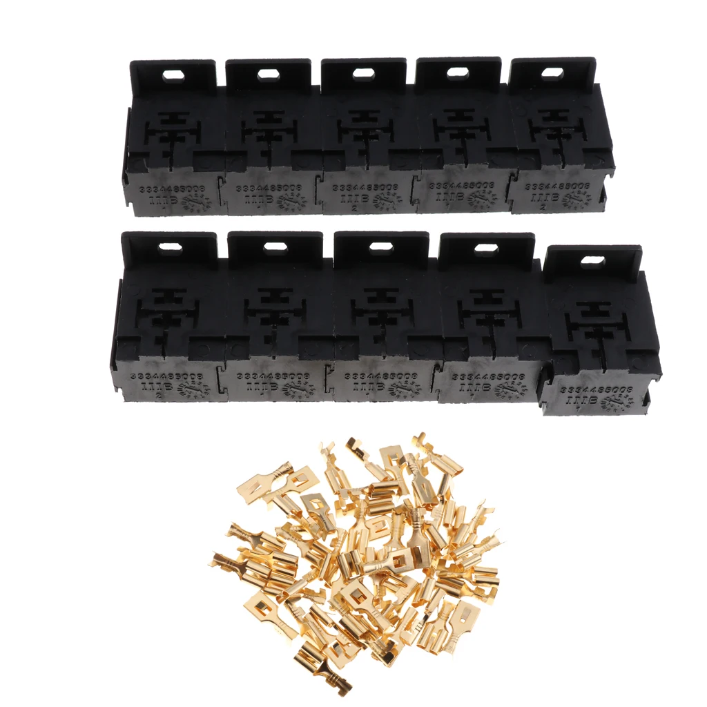 10 Sets 30A-80A Relay Bracket Terminal Case Holder Relay Base Holder 5 Pin Socket with 50 Terminals 6.3mm Kits For Automotive 