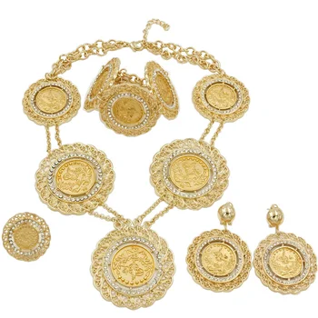 

African Jewelry Set Dubai Gold Coin Design Gold Necklace Ring Bracelet Dangle Earrings Jewellery for Bridal