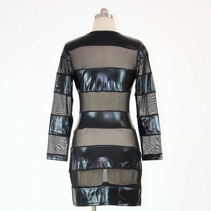 Black Mesh Patchwork Bodycon Dress Sexy Clubwear Black Long Sleeve Dresses Party Vintage Bandage Vinyl Wetlook Leather Dress (8)
