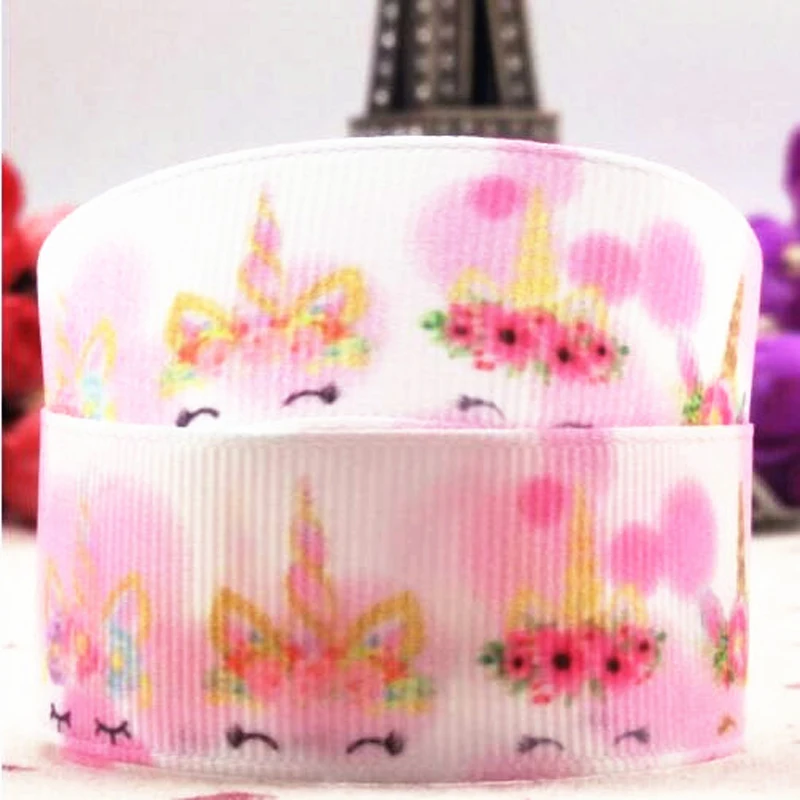 

New 1 '25mm pink unicorn cartoon ribbon 10 yards DIY handmade material gift package printing bow printing. belt grosgrain ribbon