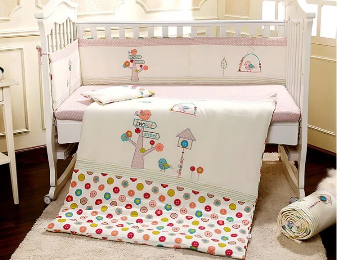 Promotion 7PCS embroidered font b cute b font Baby crib bedding set 100 cotton baby bedding