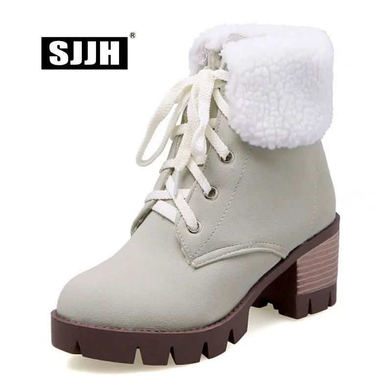 

SJJH Women Lace-up Ankle Snow Boots with Round Toe Chunky Plush Patchwork Short Boots Warm Fashion Casual Shoes Large Size Q396