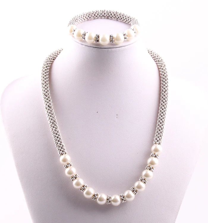 

MOODPC Free shipping 10mm beige pearl with mesh beads Necklace and bracelet ladies Jewelry sets