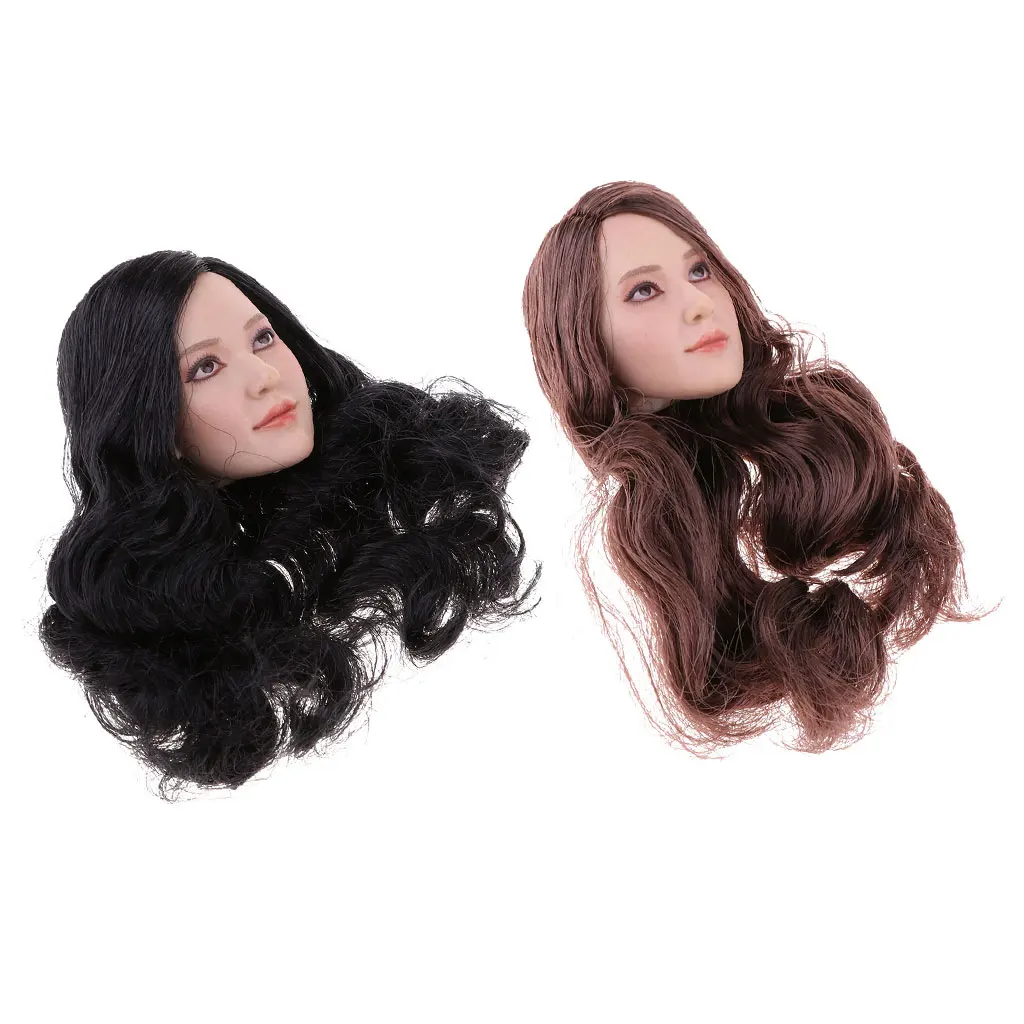 1/6 Female Head Sculpt Carved Model with Long Curly Hair for 12