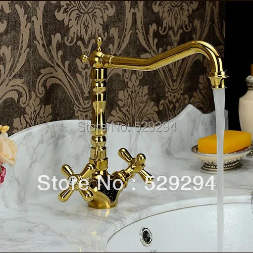 Golden Double Clawfoot Handle long neck Bathroom basin faucet. Single
