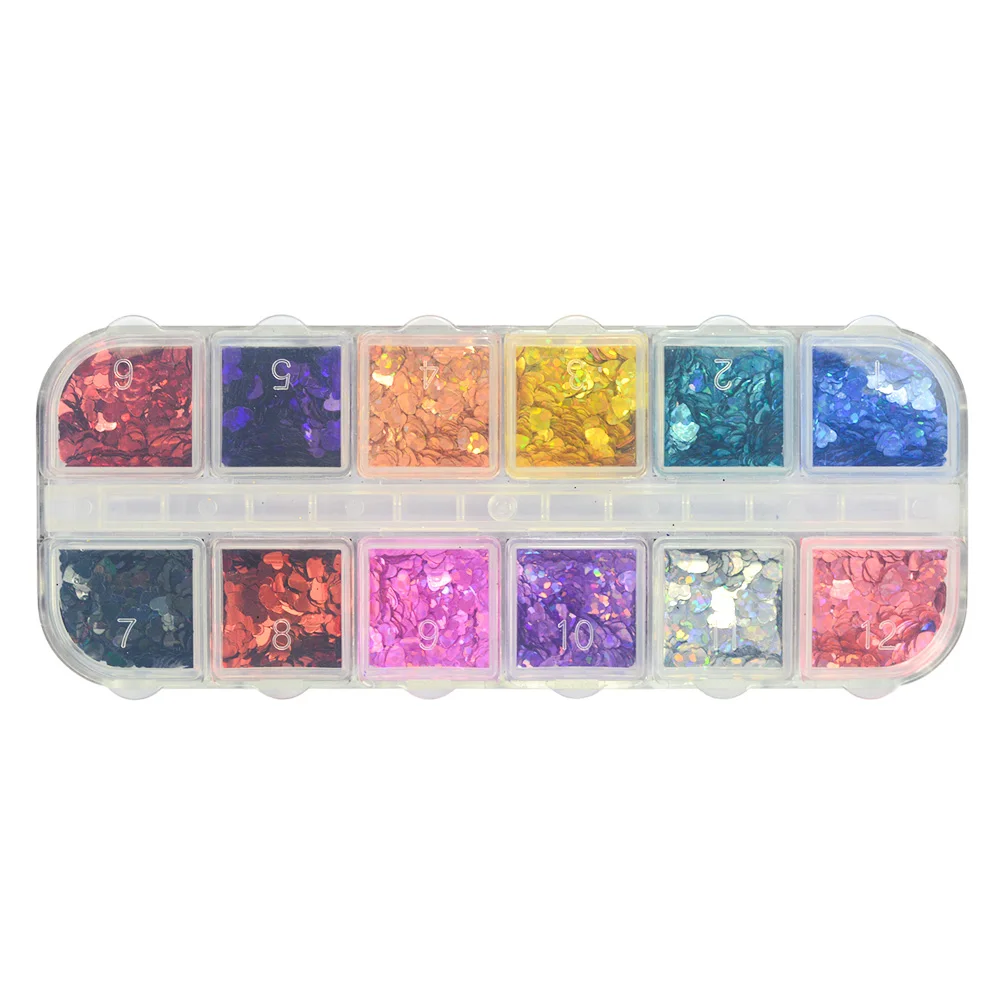 1 funda con forma de corazón para uñas brillo brillante lentejuelas láser 3D decoración de uñas copos de Paillette consejos 12 colores DIY manicura SA469