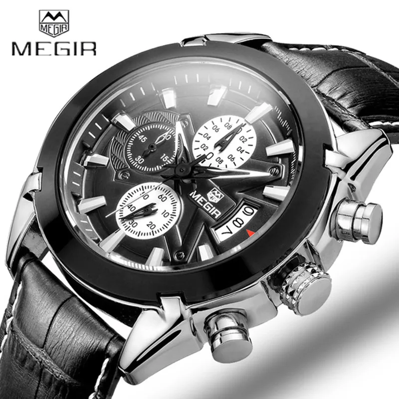 Megir Calendar Chronograph Military Watches Men Fashion Casual Sports Genuine Leather Strap Watch Time Clock Relogio