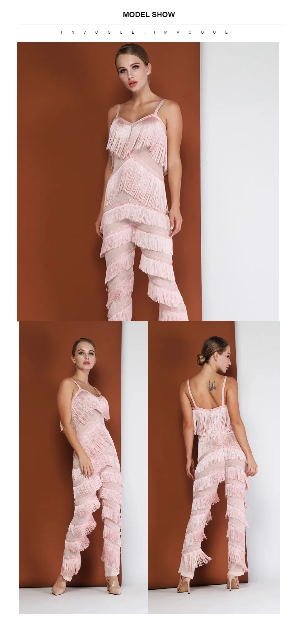 INVOGUE. IMVOFUE Новое поступление Модные кисточки сетки Сексуальная Спагетти ремень Bodycon знаменитости комбинезон
