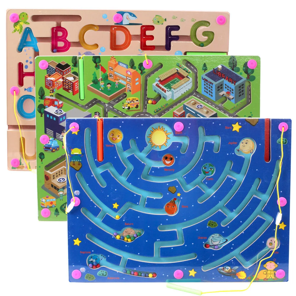 Деревянный лабиринт игра-головоломка магнитные частицы ручка Алфавит Город дорога планета трек доска лабиринта обучающие игрушки для детей подарок для детей