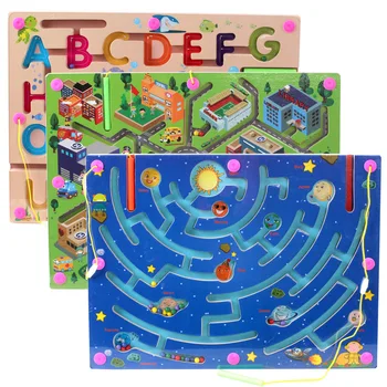 

Wooden Maze Puzzle Game Magnetic Bead Pen Alphabet City Road Planet Track Labyrinth Board Educational Toys Children Kids Gift
