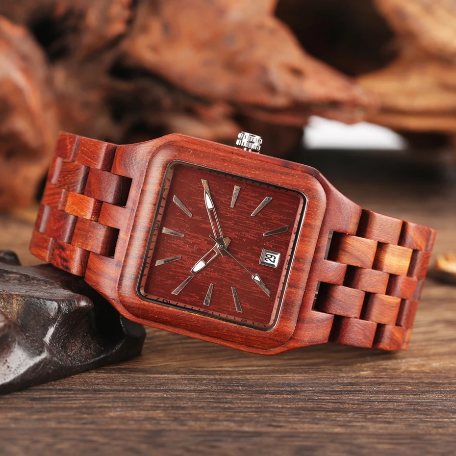 Красное сандаловое дерево часы мужские уникальный прямоугольник циферблат светильник часы Человек Полный натуральный древесный браслет с календарем Дата кварцевые наручные часы
