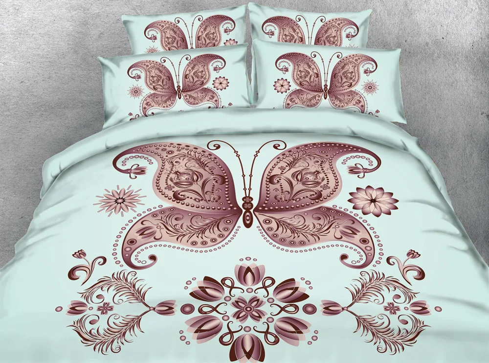 JF 189 Light blue and butterfly print 4pcs 3d bed sets for adult queen