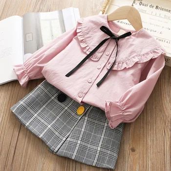 

Girl Clothes Spring Kids Bow shirt pleated skirt 2 pcs sets fashion girls outfit 5 p/l