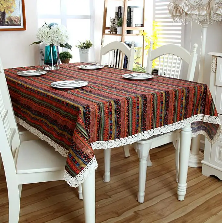 

European Red Boho Lace Tablecloth Geometric Bohemian Dining Table Cloth With Lace Cotton And Linen Multi Sizes Lacy Table Cover