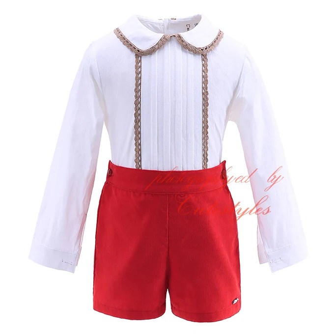 Cutestyles New Wholesale Autumn Red Boy Clothing Set With Lace Hem