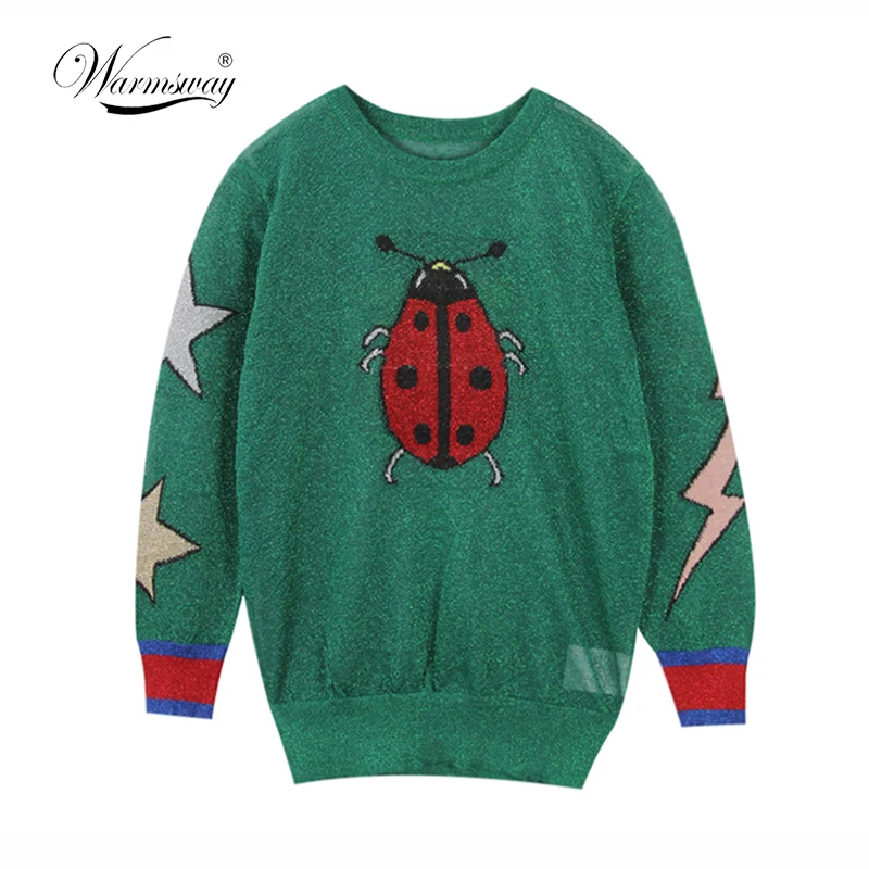 fashion 2019 new spring summer butterfly ladybug star Gold and silver lurex hollow out knitting cute green Sweaters women A-004