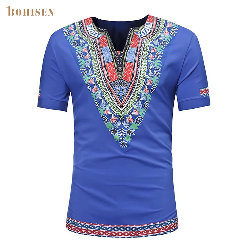

BOHISEN African Men Clothes Dashiki African Traditional Print Blue Slim Formal Dress Short Sleeve Male Clothing