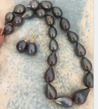

set s of 13-15mm tahitian baroque black blue pearl necklace &earring 14