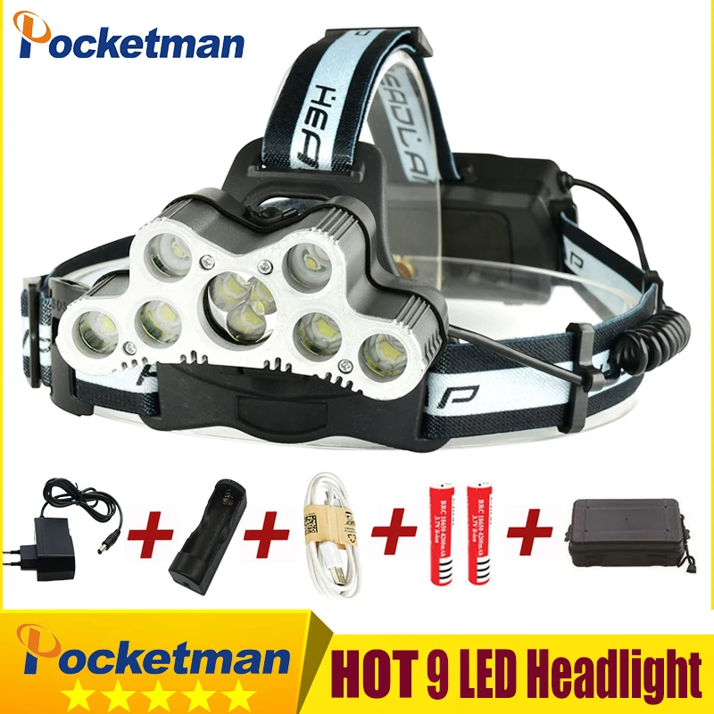 

Super Bright USB 9 LED Led Headlamp Headlight head flashlight torch XM-L T6 head lamp rechargeable for 18650 battery