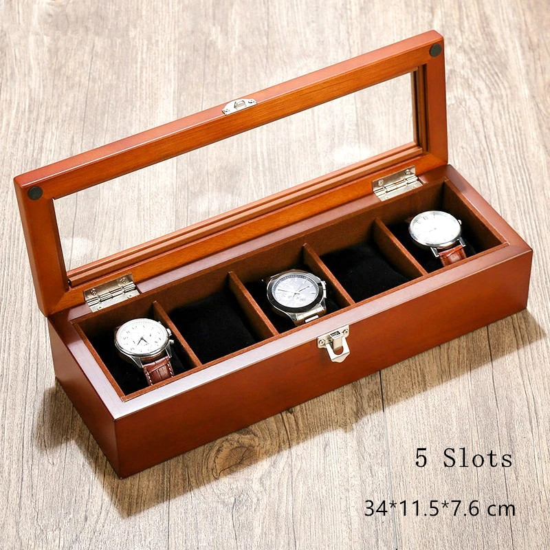 

MU 5 Slots Wooden Watch Display Box With Window Fashion Coffee Color Watch Storage Case With Pillow And Lock Jewelry Box C025