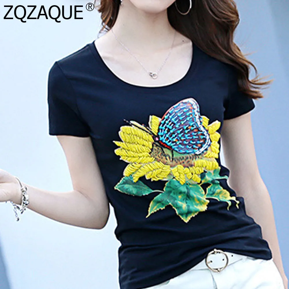 

2019 New Style Short-sleeved Women's Sunflower T-shirt Fashion Slim O-neck Manual Beading Tops Luxury Sequins Female's Tee SY017
