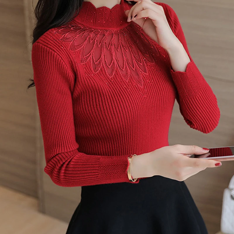 

Basic Turtleneck Women Sweater Pullovers Knitted Top With Lace Neck Elegant Pullover Knitted Winter Jumper Female Black