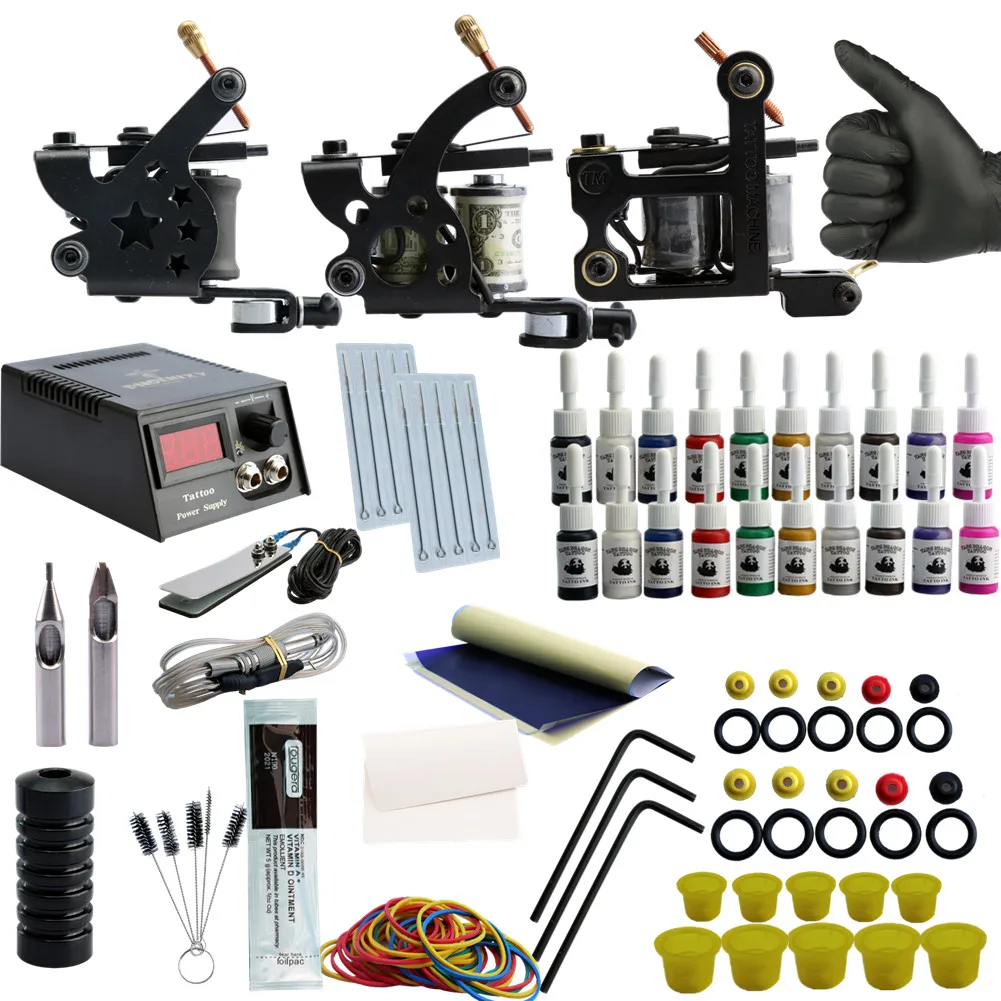 

Tattoo Set Complete Equipment Machine 3 Gun Tattoo Kit Power Supply Cord Kit Body Rotary 20 Ink Sets Power Supply Tattoo Kit
