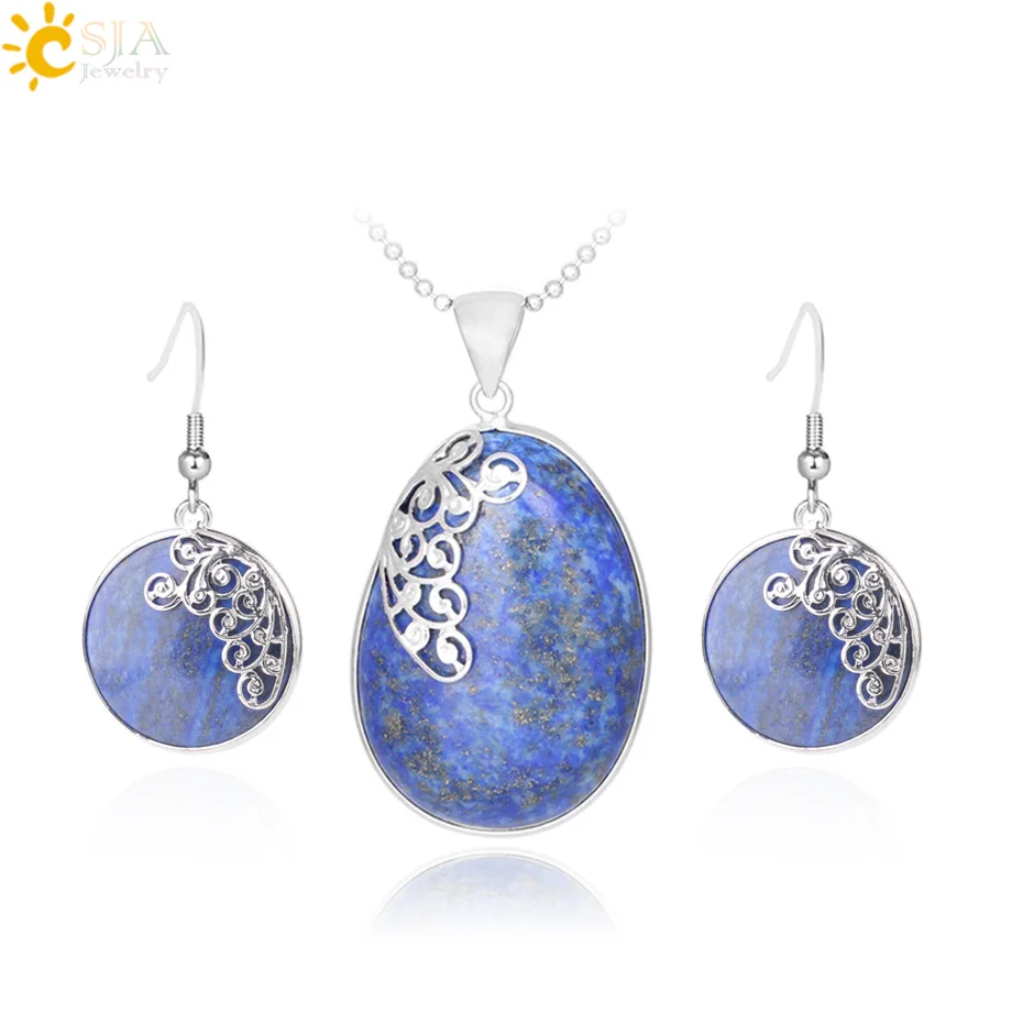 

CSJA Chic Jewelry Sets for Women Lapis Lazuli Natural Stone Pendant Necklace Eardrop Earrings Carved Spiral Cloud Jewellery F647