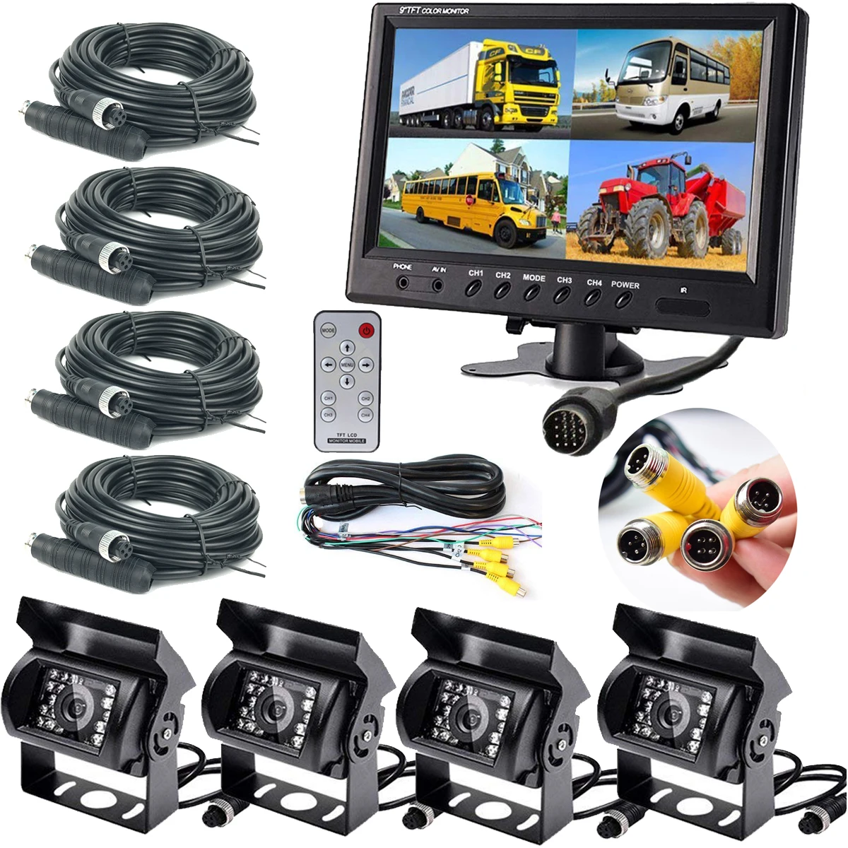 

Vanxse 4x 4Pin Aviation IR Reversing Parking Backup rear View Camera + 9" LCD 4CH Split Monitor for Bus Truck Motorhome 12V-24V
