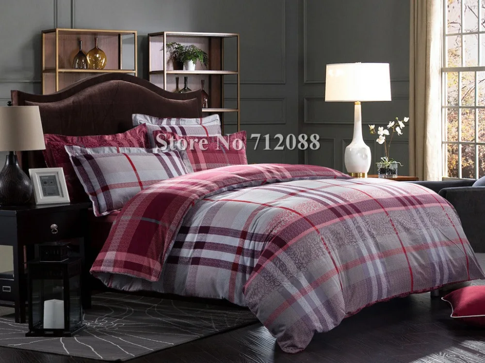 Wholesale,bed linens queen/king comforter 100 cotton 4pcs quilt/duvet covers red gray checked