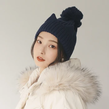 

Women Winter Hat Beanie Korean Style Warm Cute Ears Knitted Skullies Hat Solid Color Pom Poms Crochet Christmas Hat for Women