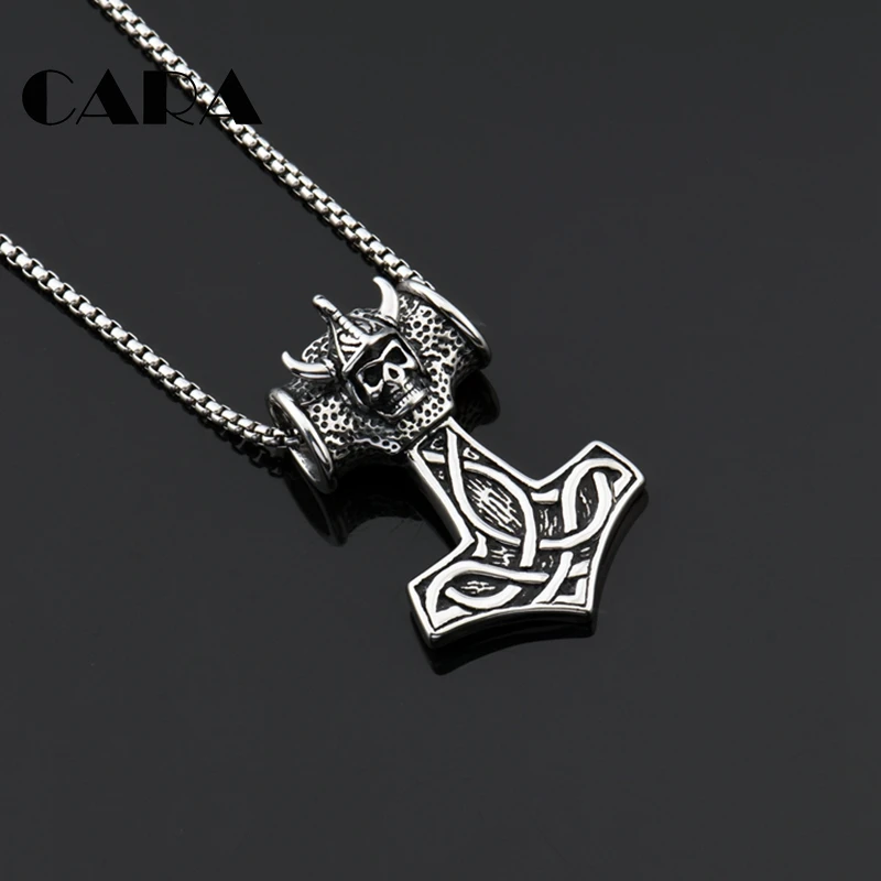 

New Vintage 316L Stainless steel Pendant Necklace Myth Thor's Hammer Norse Magick Mjolnir Skull Stainless steel Chain CAGF0341