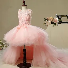 Розовое Кружевное с длинным шлейфом для девочек в цветочек платья для свадьбы аппликации Платье для первого причастия для девочек Пышное праздничное платье принцессы