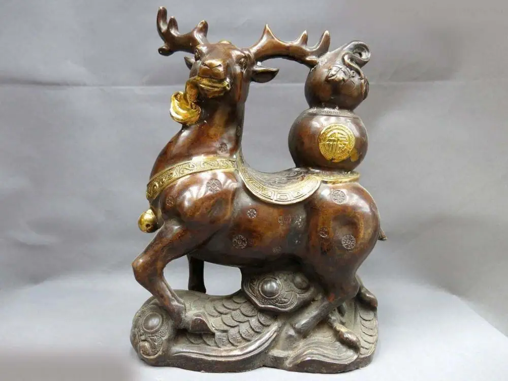 

13" China bronze copper gild Feng Shui longevity deer blessing calabash Statue (D0426)
