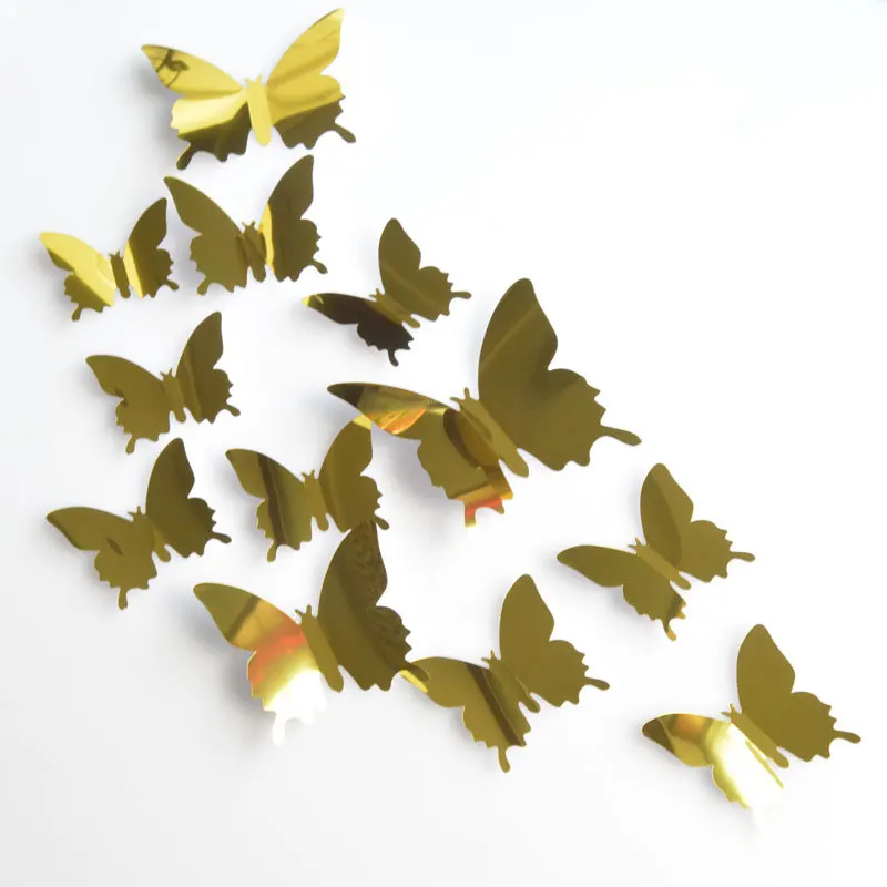 12Pcs Silver Wall Stickers Decal Butterflies 3D Mirror Wall Art Decor Fashion