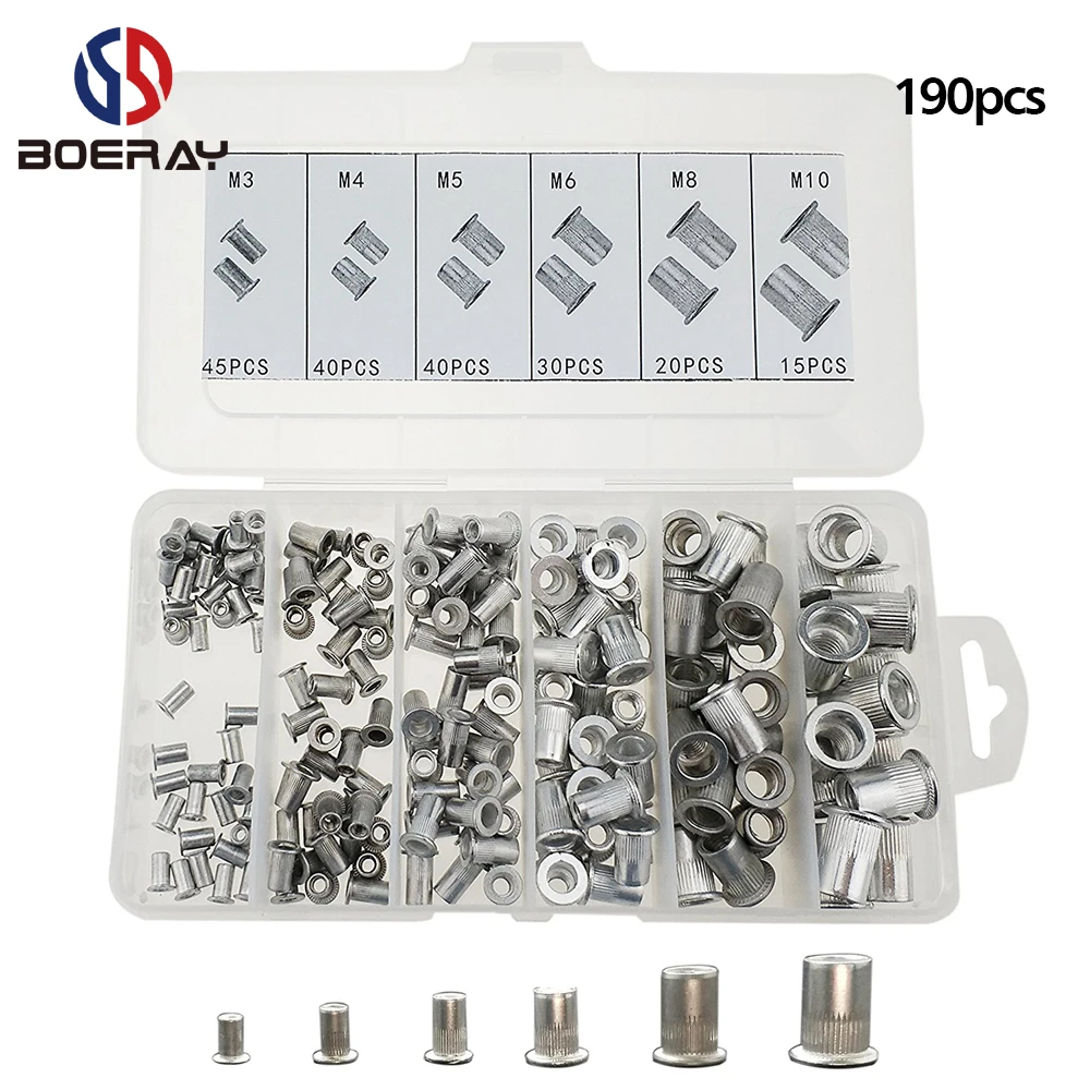 190pcs M3 M4 M5 M6 M8 M10 Aluminum Alloy Rivnut Flat Head Threaded