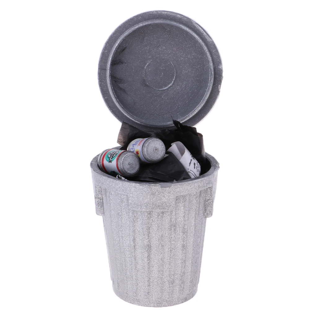 Miniatures Furniture Alloy Trash Can for 1:12 Dollhouse Scenes Accessories Silver