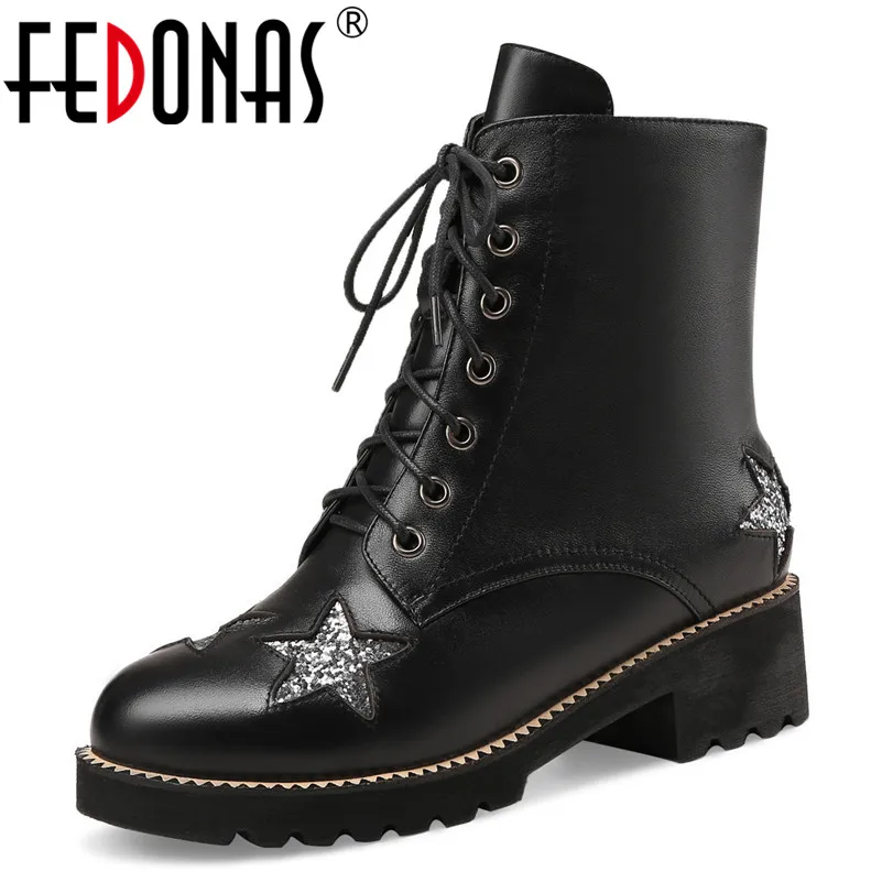 

FEDONAS Fashion Black Ladies Boots Women Autumn Winter Lace-up Soft Leather Platforms Shoes Woman Party Ankle Boots High Heels