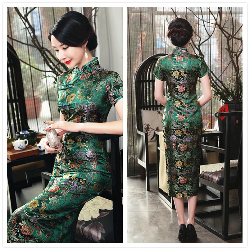 Сексуальное зеленое платье Ципао Cheongsam, сатиновый костюм Тан, Повседневное платье Qipao, Ретро летнее платье Ципао, платье vestidos mujer