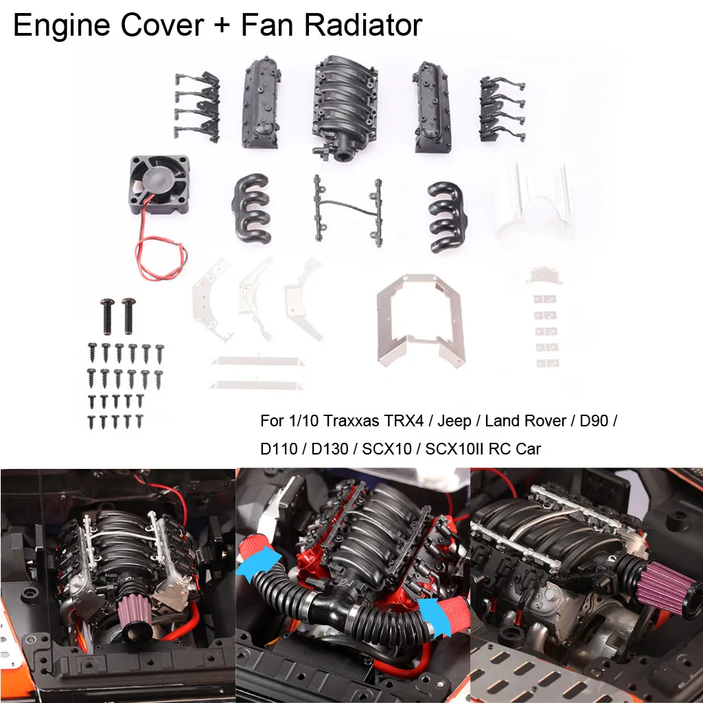 

MUQGEW Simulation V8 Engine Cover + Fan Radiator For Traxxas TRX4 D90 D110 D130 SCX10