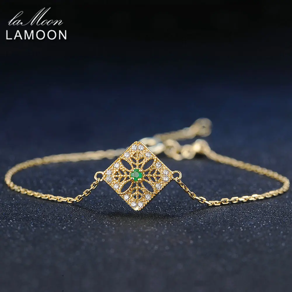 LAMOON 14K Yellow Gold Charm Bracelet For Women 0.06ct 100% Natural Emerald S925 Sterling Silver Fine Jewelry Accessory HI003