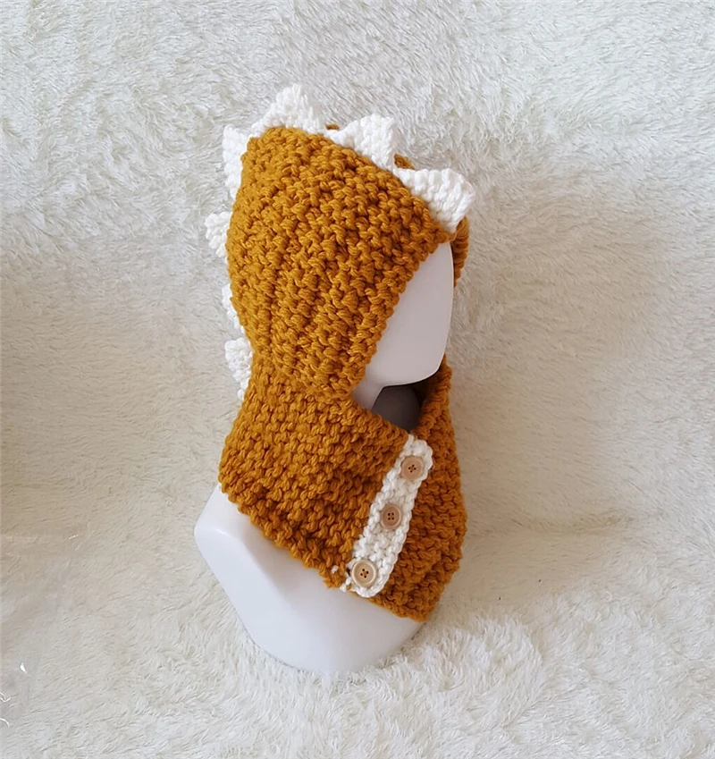 Kid Handgemaakte Dinosaurus Hoed Kinderen Eleka Gebreide Cap Jongen Meisje Halsdoek Buisvormige Sjaal 3 Knoppen Loop Sjaal en Muts_voghion.com