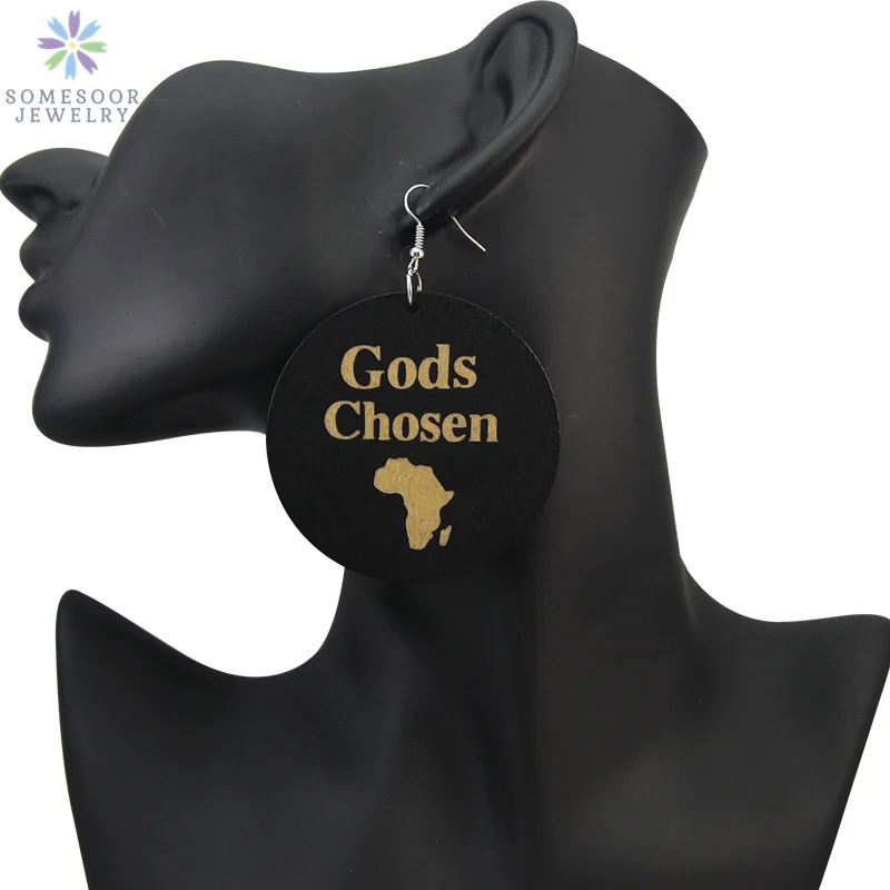 

SOMESOOR Engraved God Chosen Afro Ethnic Wood Drop Earrings With African Map Pattern Handmade Black Women Dangle Jewelry Gift